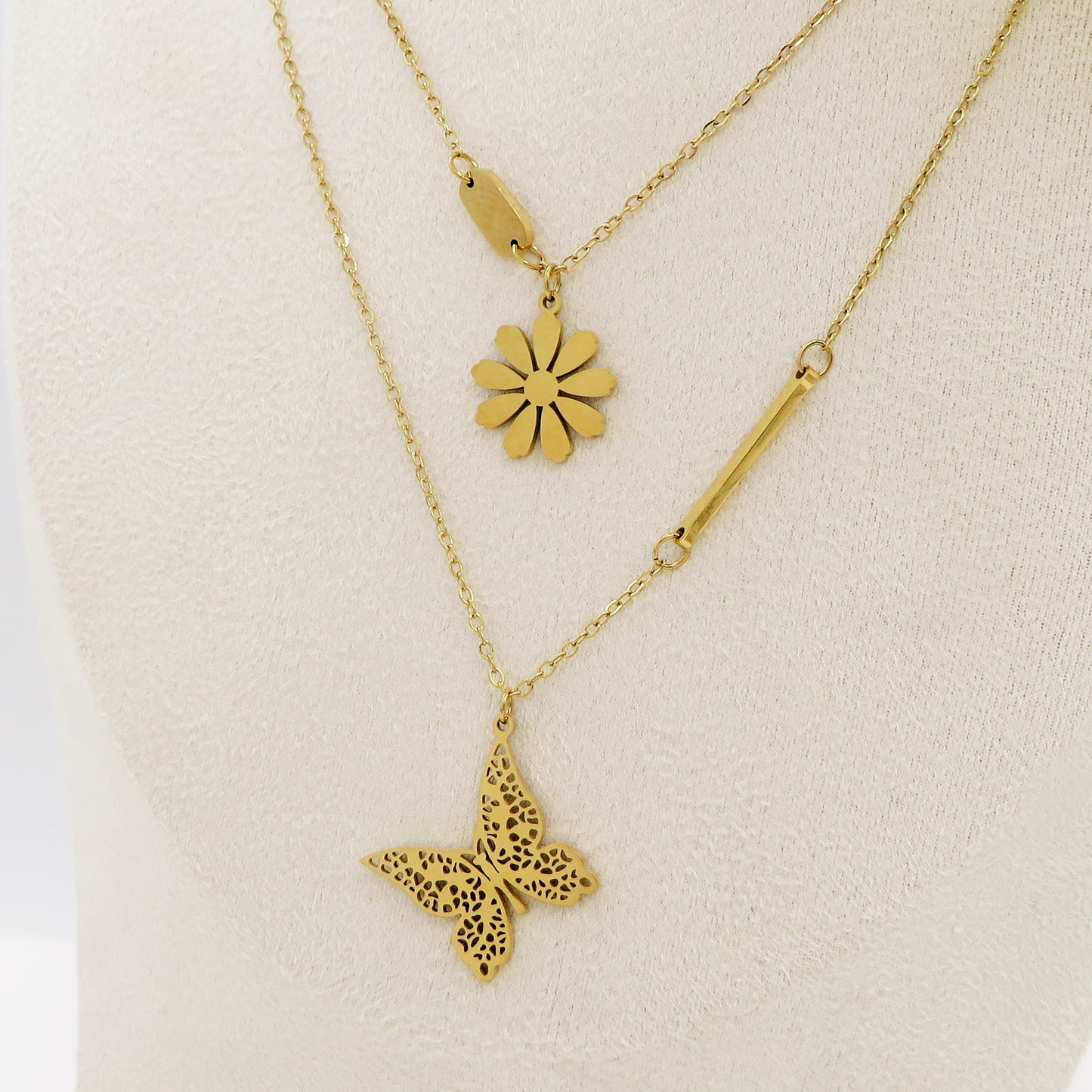 BLOOM ~ Collana doppia in ACCIAIO INOSSIDABILE doppia con margherita e farfalla