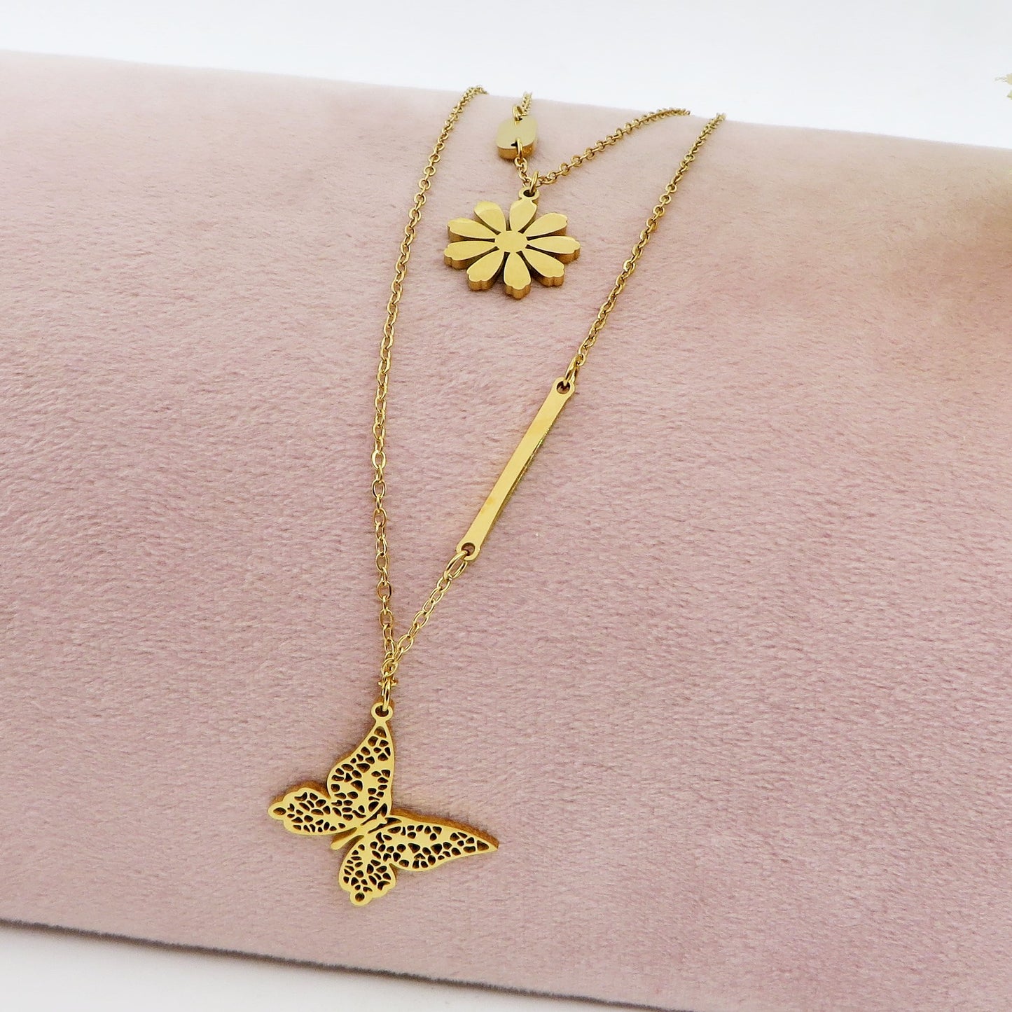 BLOOM ~ Collana doppia in ACCIAIO INOSSIDABILE doppia con margherita e farfalla