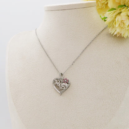 MOM FLOWER  HEART - Collana  Con scritta MAMMA + CUORE e fiore zirconato