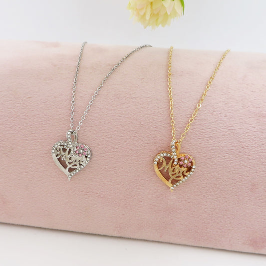 MOM FLOWER  HEART - Collana  Con scritta MAMMA + CUORE e fiore zirconato