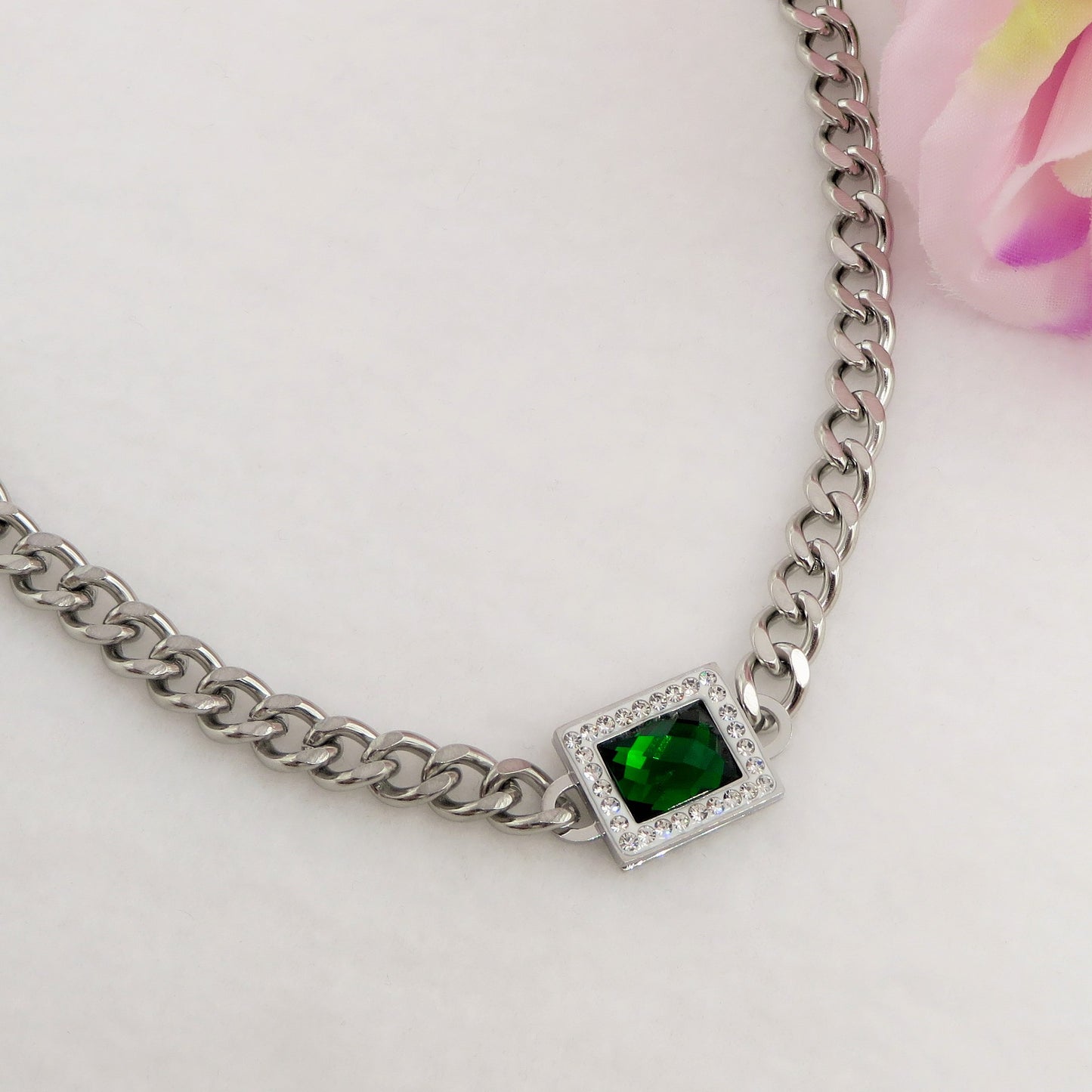 JANIS ~ ACCIAIO INOSSIDABILE - Collana groumette con pietra centrale e cubic zirconia