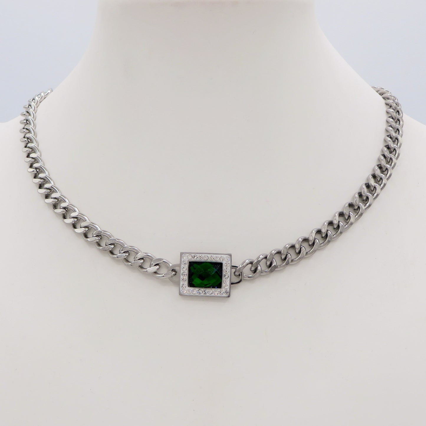JANIS ~ ACCIAIO INOSSIDABILE - Collana groumette con pietra centrale e cubic zirconia