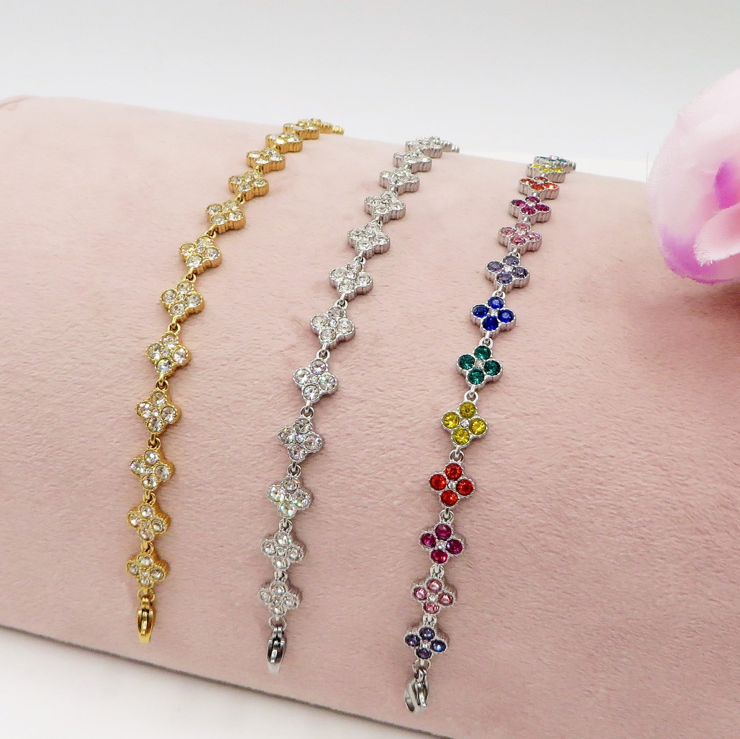 CASSIA~ACCIAIO INOSSIDABILE - bracciale tennis quadrifogli RAINBOW con cubic zirconia