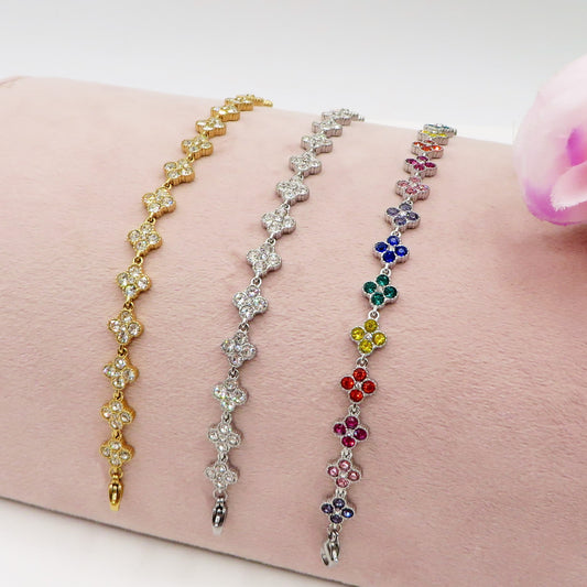 CASSIA~ACCIAIO INOSSIDABILE - bracciale tennis quadrifogli RAINBOW con cubic zirconia