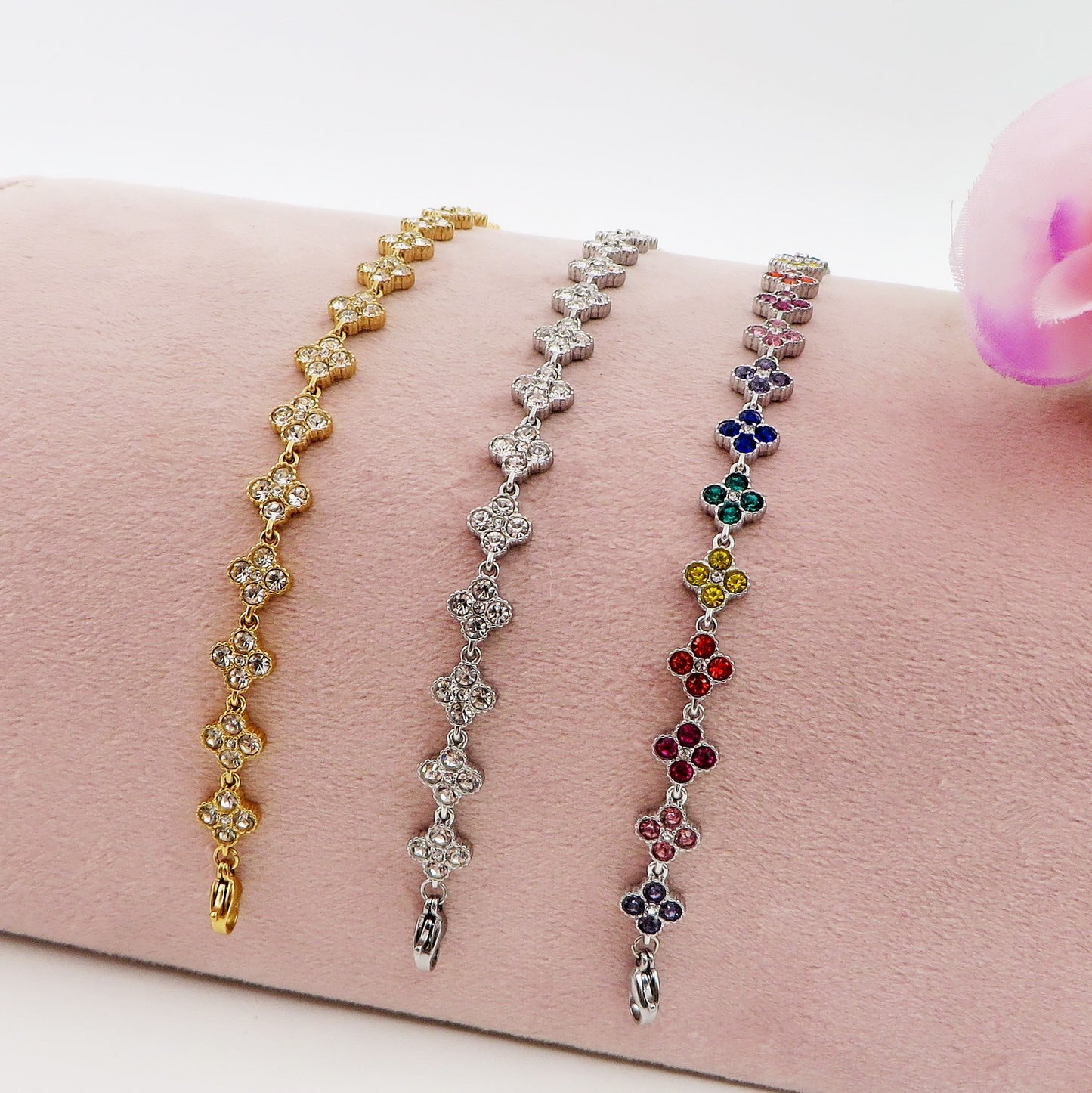 CASSIA~ACCIAIO INOSSIDABILE - bracciale tennis quadrifogli RAINBOW con cubic zirconia
