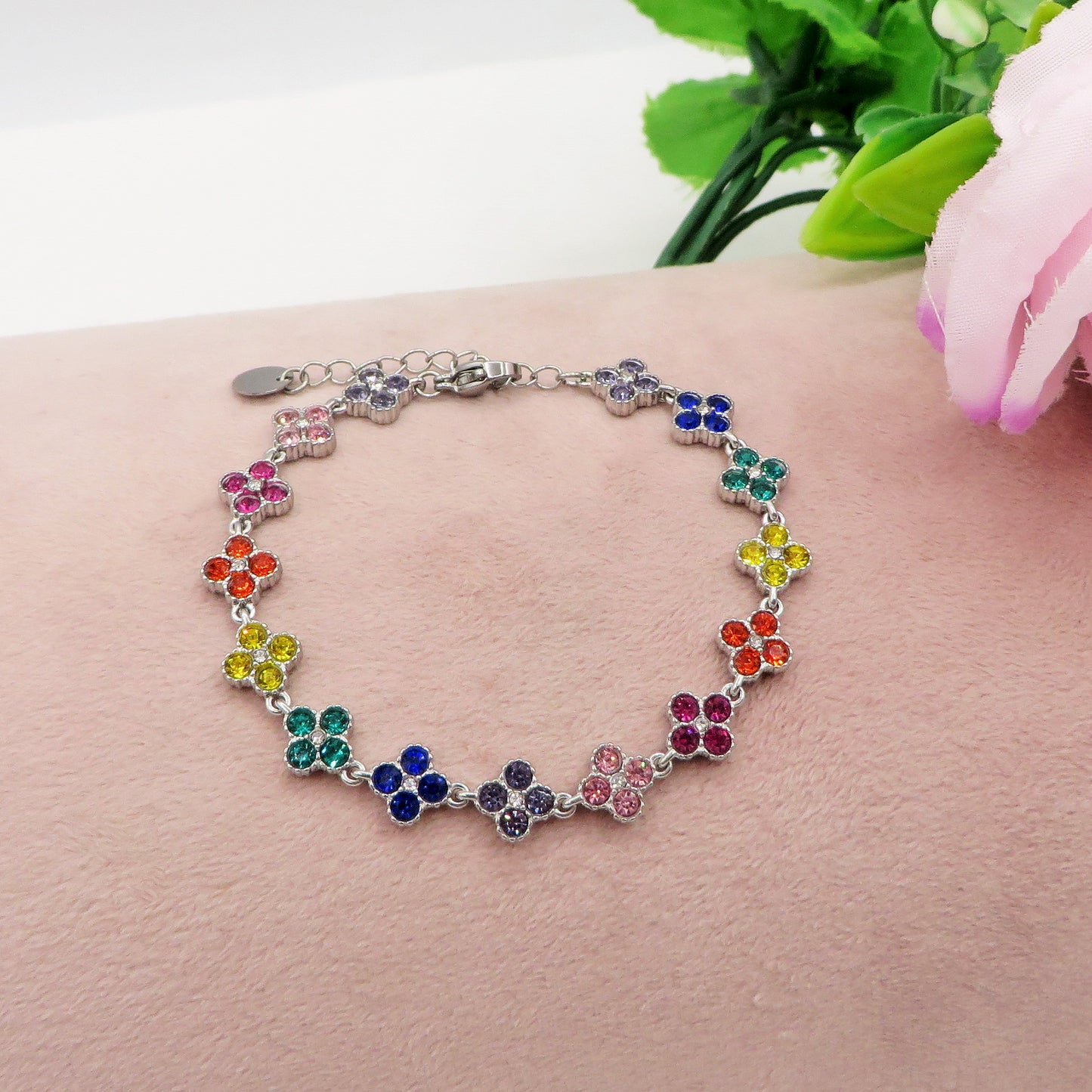 CASSIA~ACCIAIO INOSSIDABILE - bracciale tennis quadrifogli RAINBOW con cubic zirconia