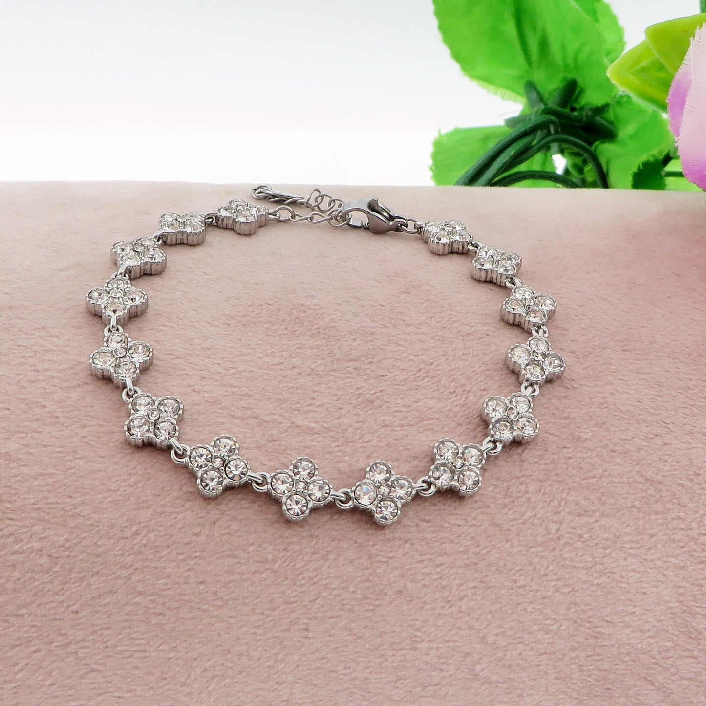 CASSIA~ACCIAIO INOSSIDABILE - bracciale tennis quadrifogli RAINBOW con cubic zirconia