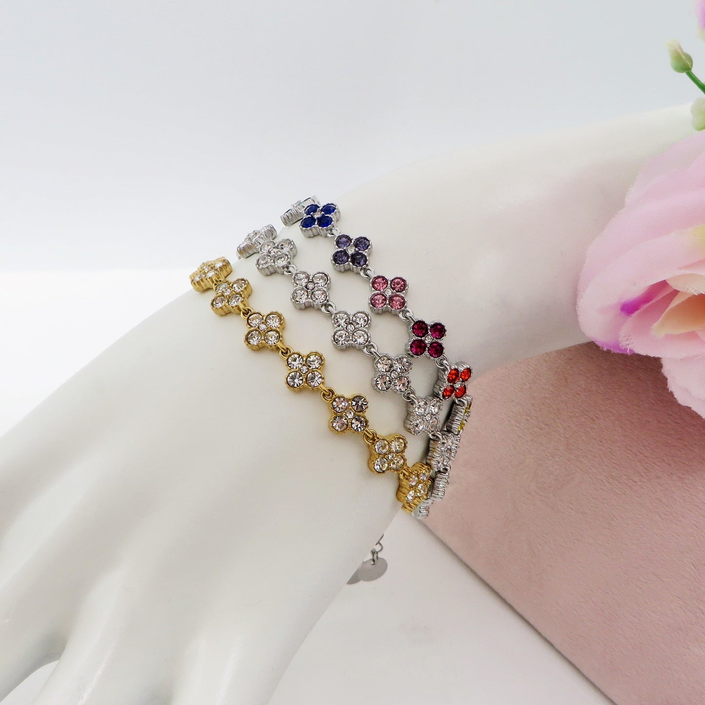 CASSIA~ACCIAIO INOSSIDABILE - bracciale tennis quadrifogli RAINBOW con cubic zirconia