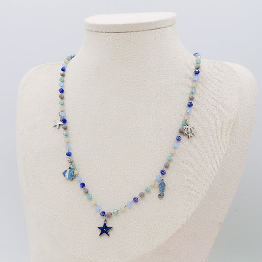 MAORI~ Collana ACCIAIO INOSSIDABILE con cristalli e ciondoli marini