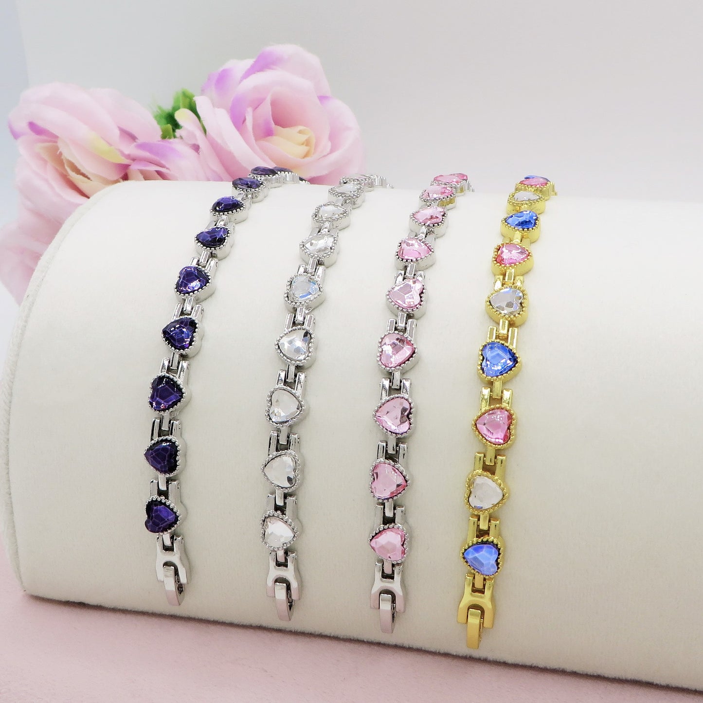 LOUISE ~ BRACCIALE Tennis cuoricini in ACCIAIO INOSSIDABILE