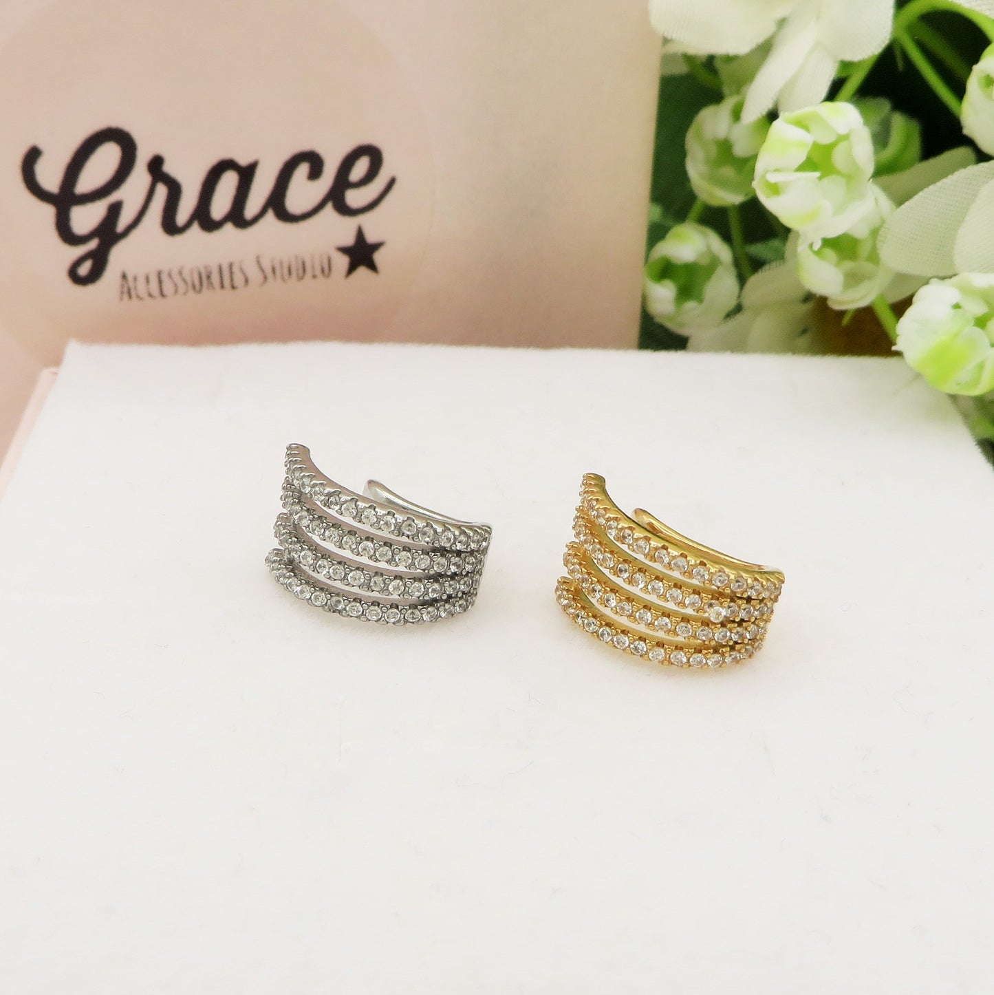 EARCUFF 4 fili ~ ACCIAIO Inossidabile orecchino Senza buco zirconato con cubic zirconia