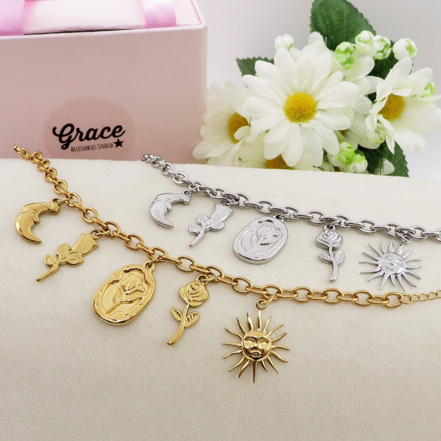 YOU'RE MY SUN - Bracciale con sole. fiore,rosa, luna pendenti charms ACCIAIO INOSSIDABILE