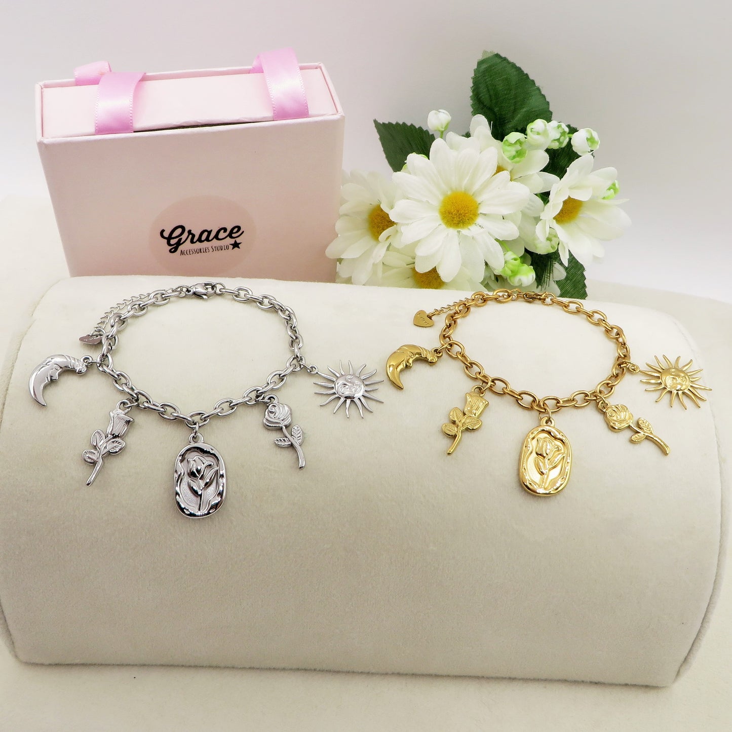 YOU'RE MY SUN - Bracciale con sole. fiore,rosa, luna pendenti charms ACCIAIO INOSSIDABILE