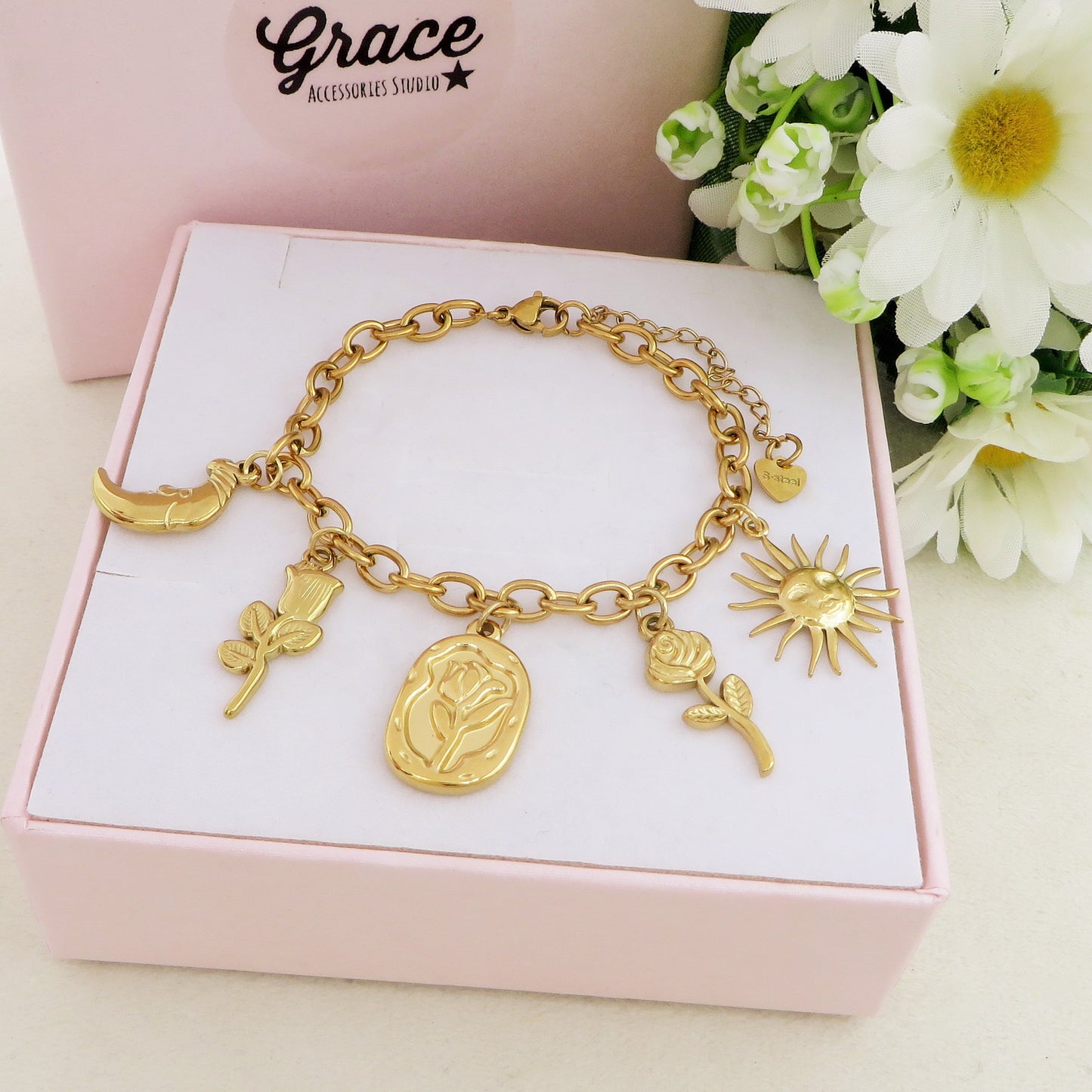 YOU'RE MY SUN - Bracciale con sole. fiore,rosa, luna pendenti charms ACCIAIO INOSSIDABILE