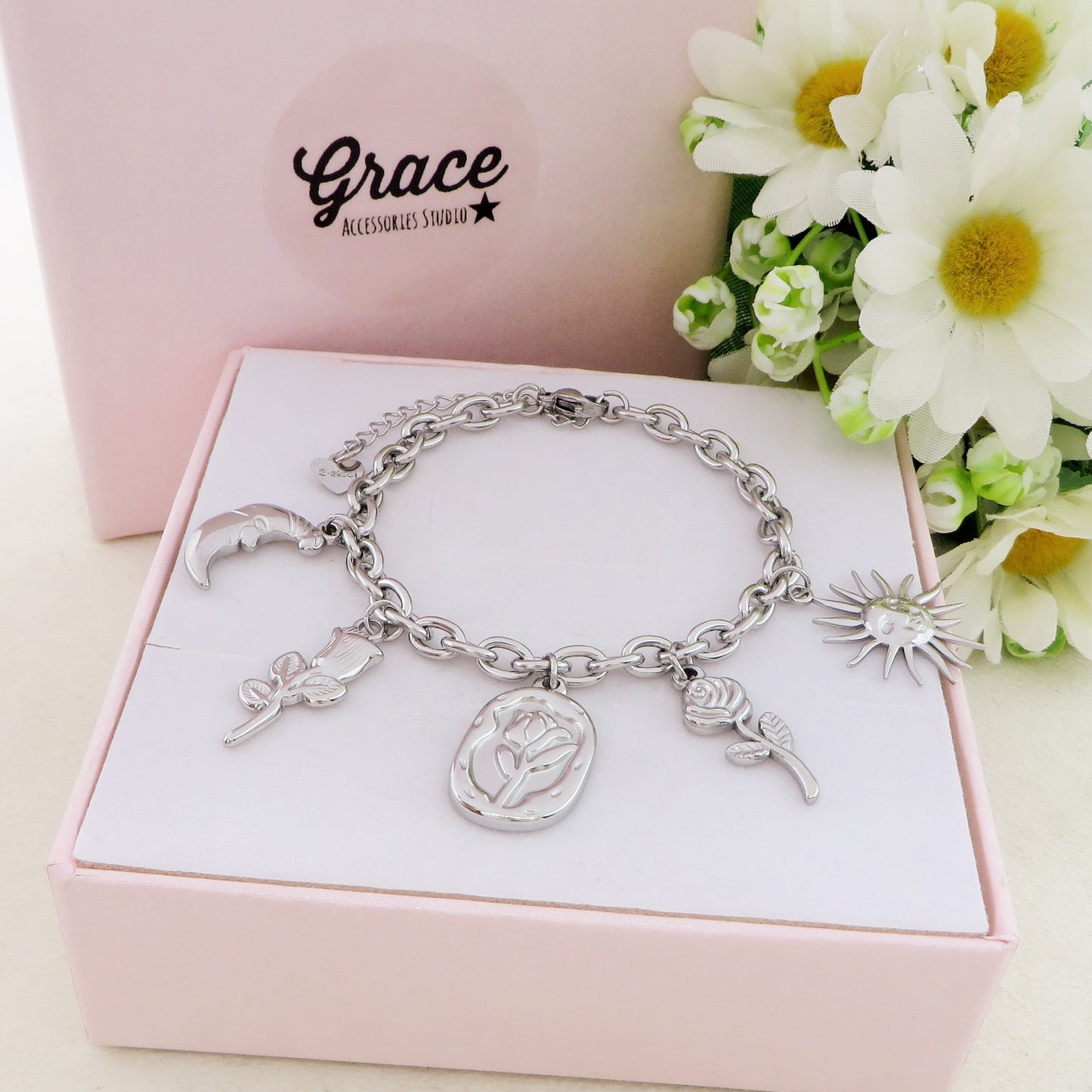 YOU'RE MY SUN - Bracciale con sole. fiore,rosa, luna pendenti charms ACCIAIO INOSSIDABILE
