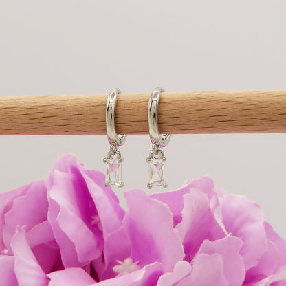NATALIE HOOP ~MONO Orecchino ARGENTO 925 cerchietto con pendente cubic zirconia taglio baguette