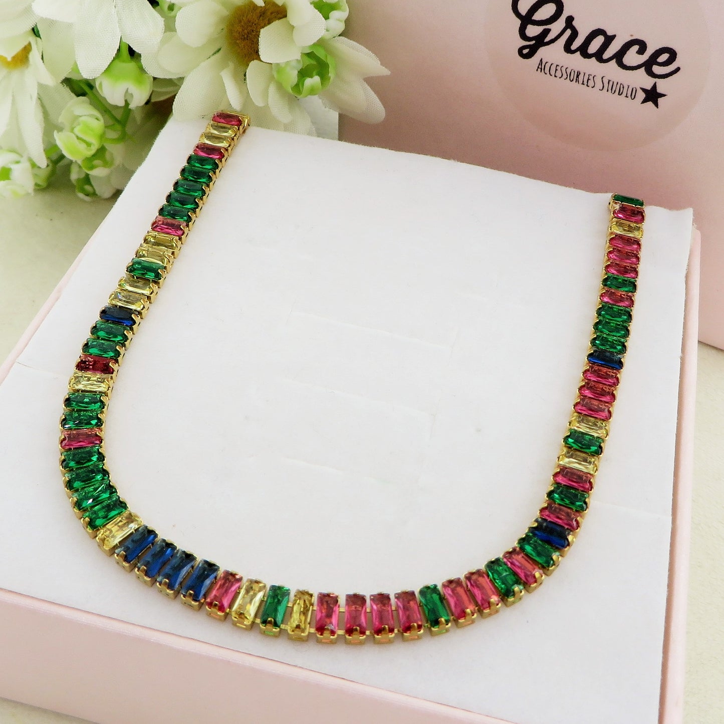 JULIANNE AUTUMN RAINBOW ~ ACCIAIO INOSSIDABILE- GIROCOLLO CON ZIRCONI A BAGUETTE