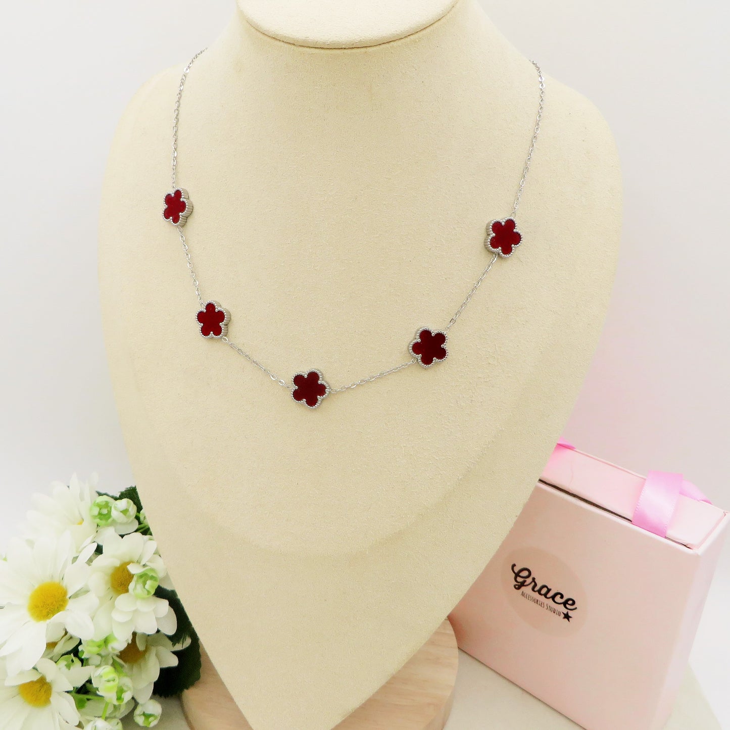 LILY  Bordeaux ACCIAIO INOSSIDABILE ~ Collana fiori in madreperla
