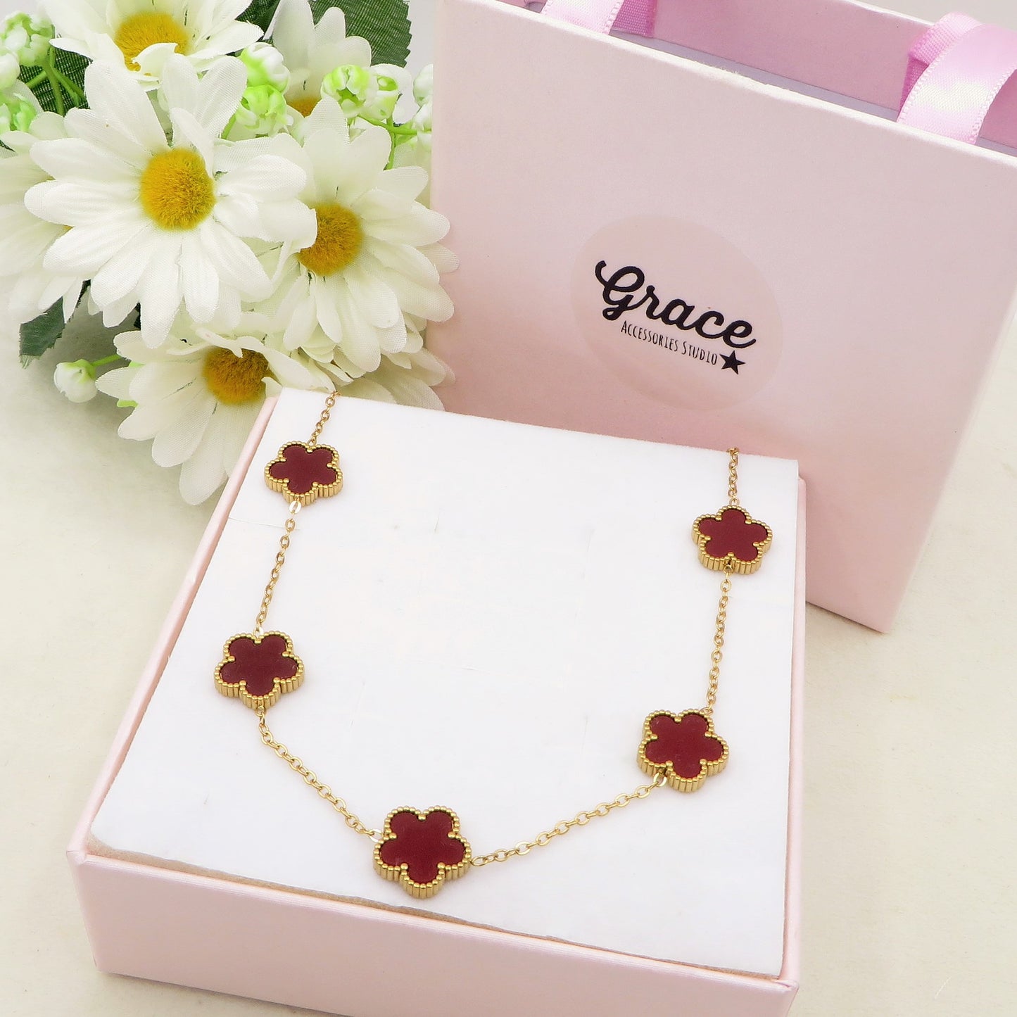 LILY  Bordeaux ACCIAIO INOSSIDABILE ~ Collana fiori in madreperla