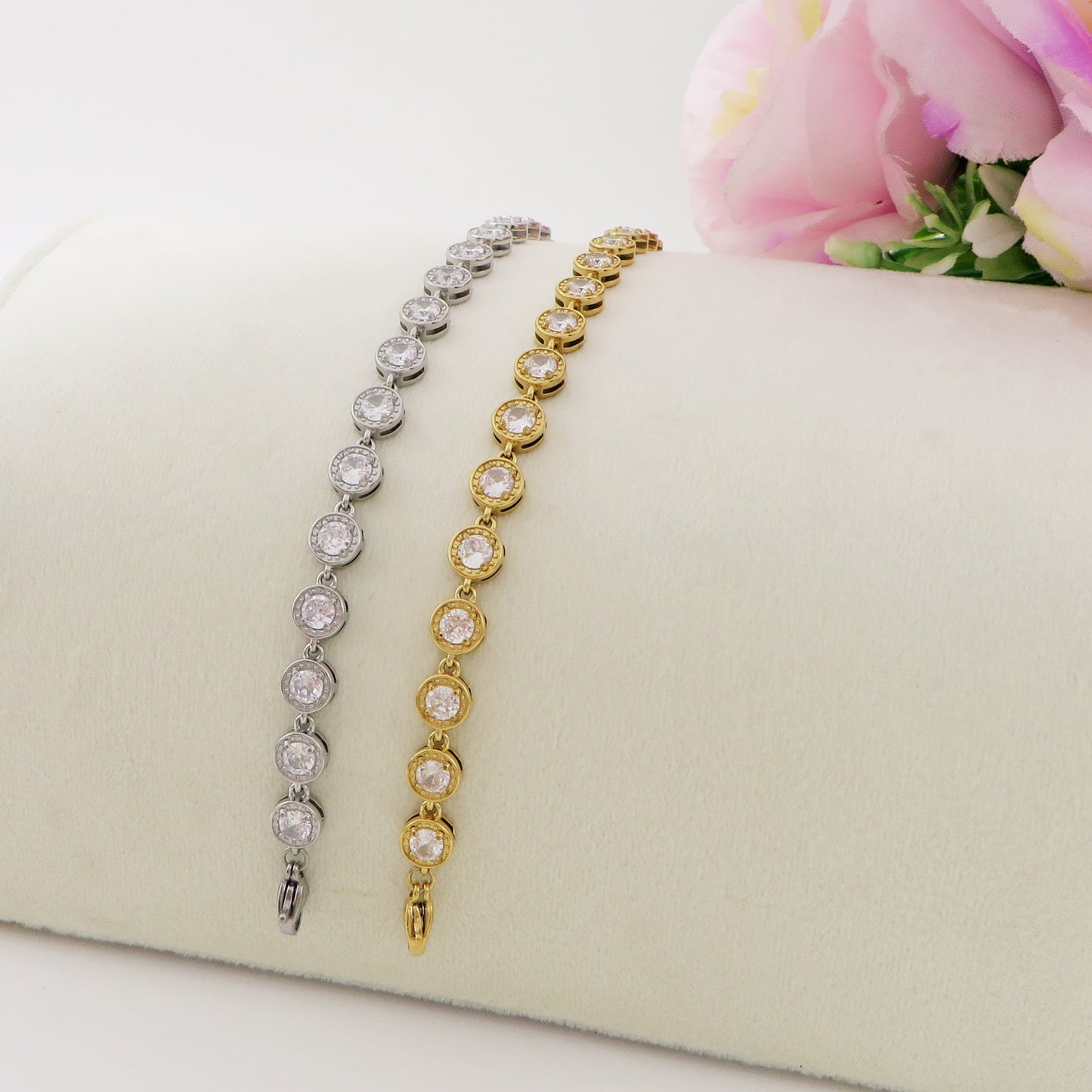 DELILAH ~ ACCIAIO INOSSIDABILE - bracciale Tennis con Cubic Zirconia rotondi
