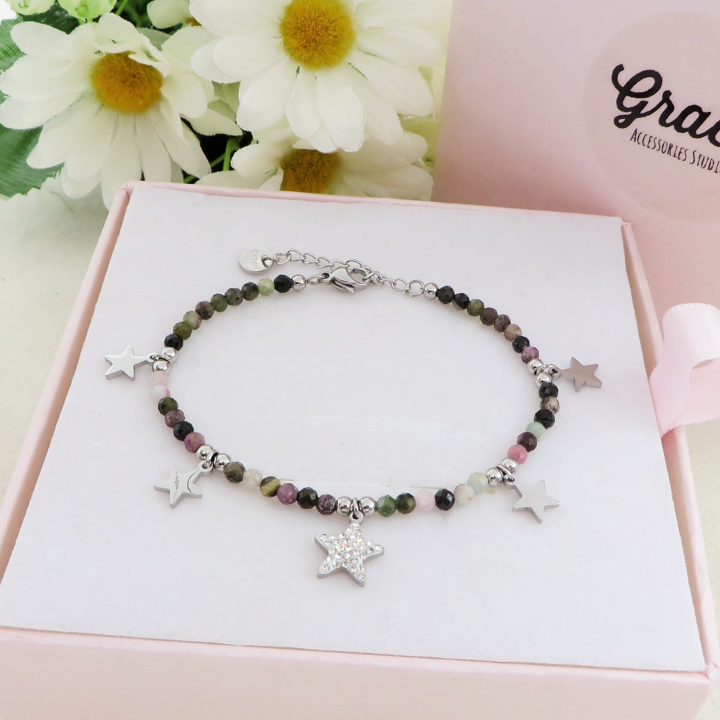 ROXY ~ Bracciale ACCIAIO INOSSIDABILE con cristalli e ciondoli stelline in cubic zirconia