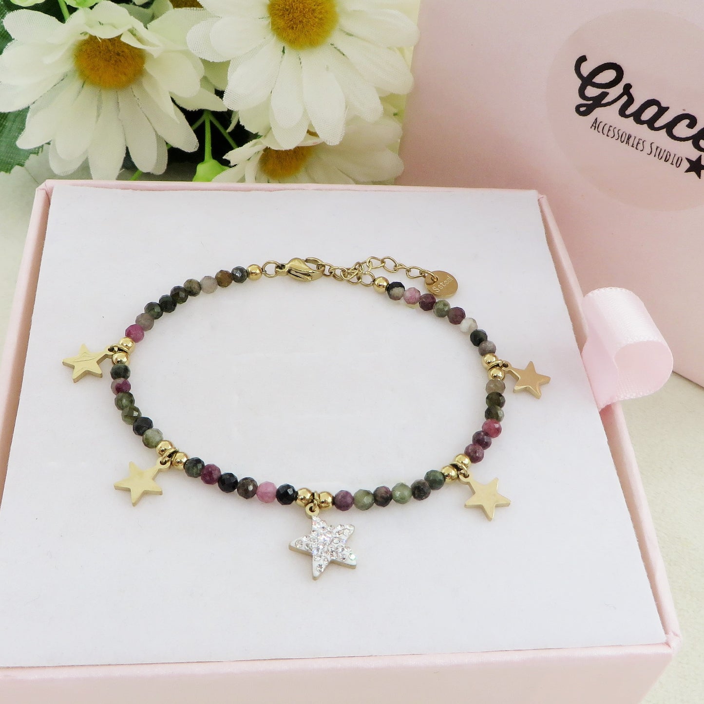 ROXY ~ Bracciale ACCIAIO INOSSIDABILE con cristalli e ciondoli stelline in cubic zirconia