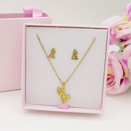 ROSHANA SET ~ ACCIAIO INOSSIDABILE Collana e orecchini lobo doppio cuore