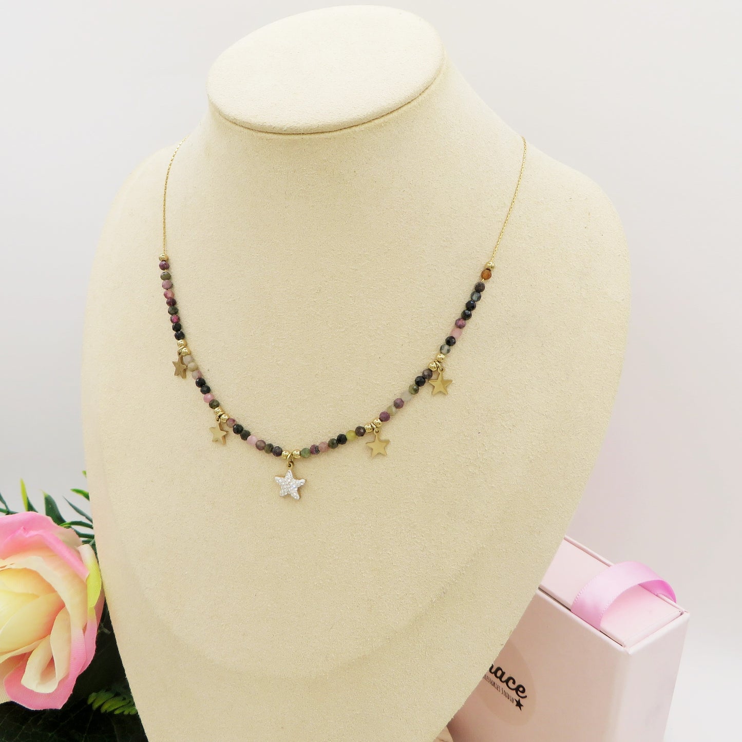 ROXY ~ Collana ACCIAIO INOSSIDABILE con cristalli e ciondoli stelline in cubic zirconia