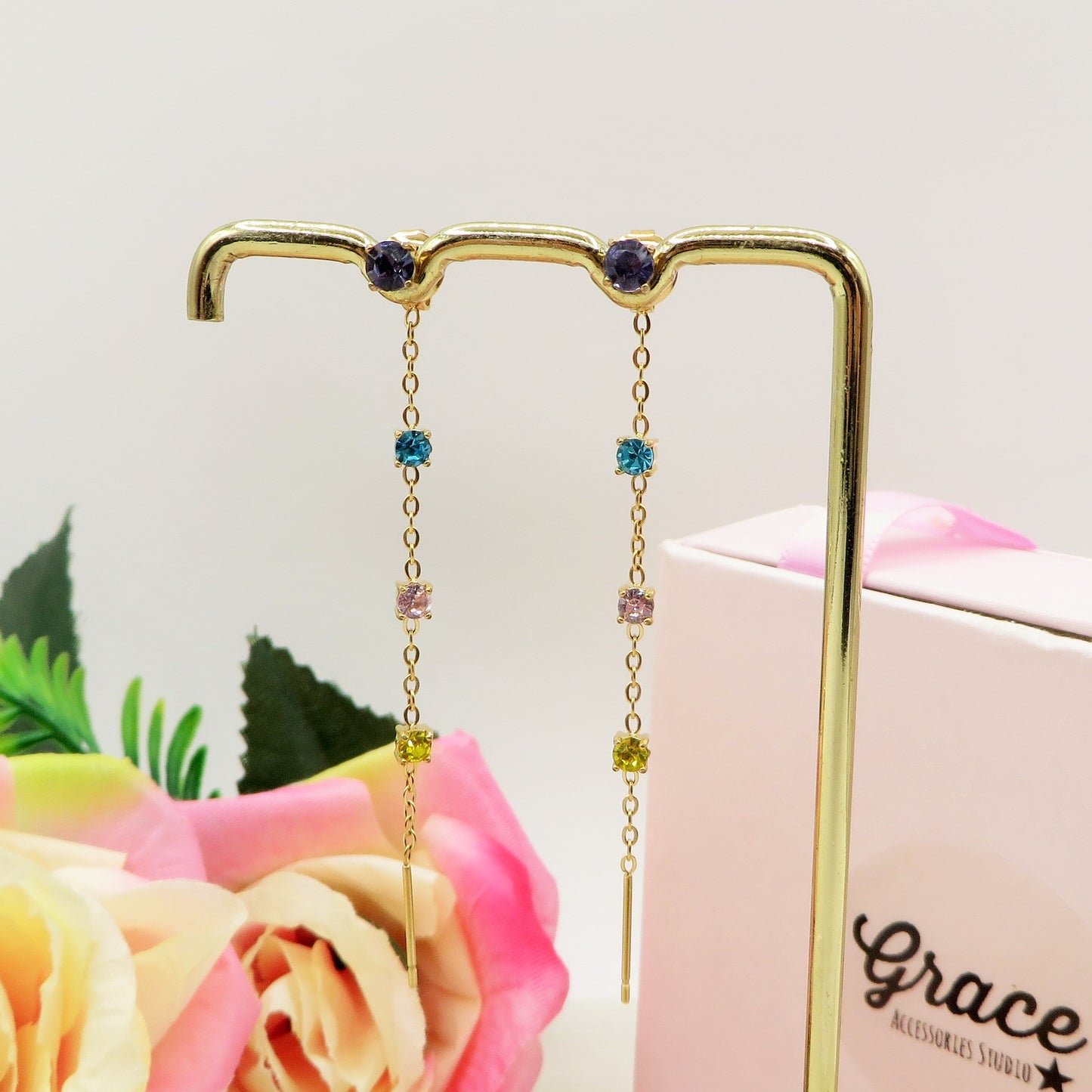 FAIRY ~ paio Orecchini ACCIAIO INOSSIDABILE pendenti zirconati stile saliscendi