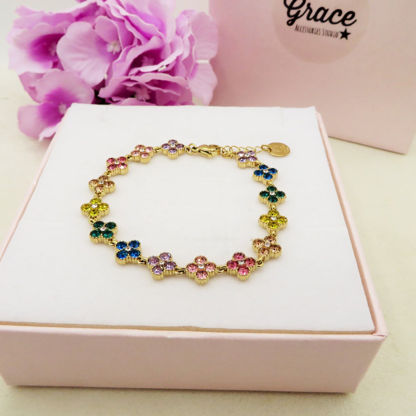 CASSIA~ACCIAIO INOSSIDABILE - bracciale tennis quadrifogli RAINBOW con cubic zirconia