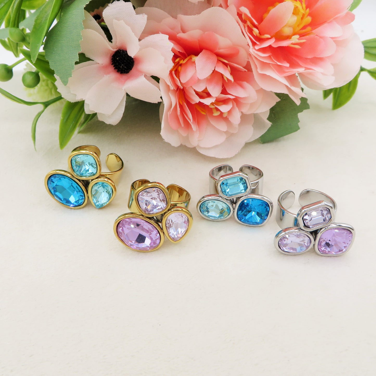 ALINA ~ Anello regolabile in ACCIAIO INOSSIDABILE con maxi pietre