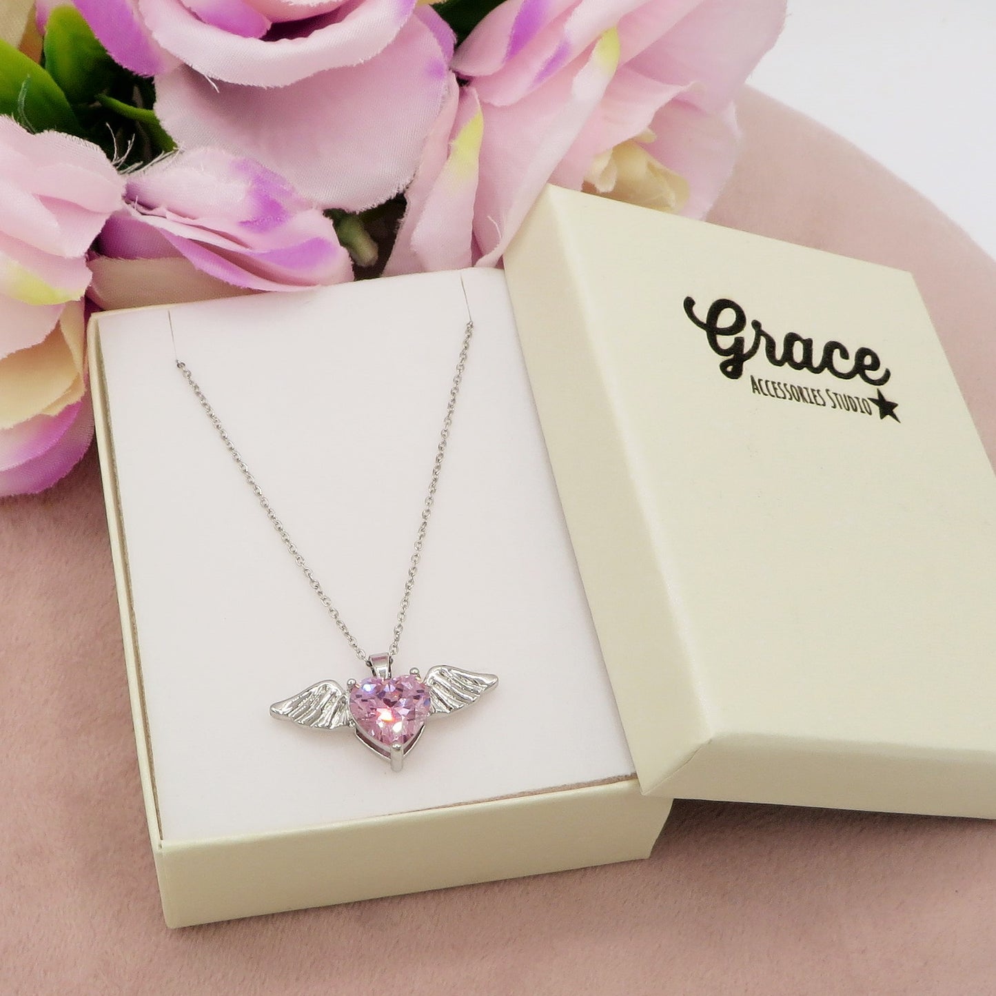 ANGEL - ACCIAIO INOSSIDABILE- collana con pendente CUORE con ali in cubic zirconia