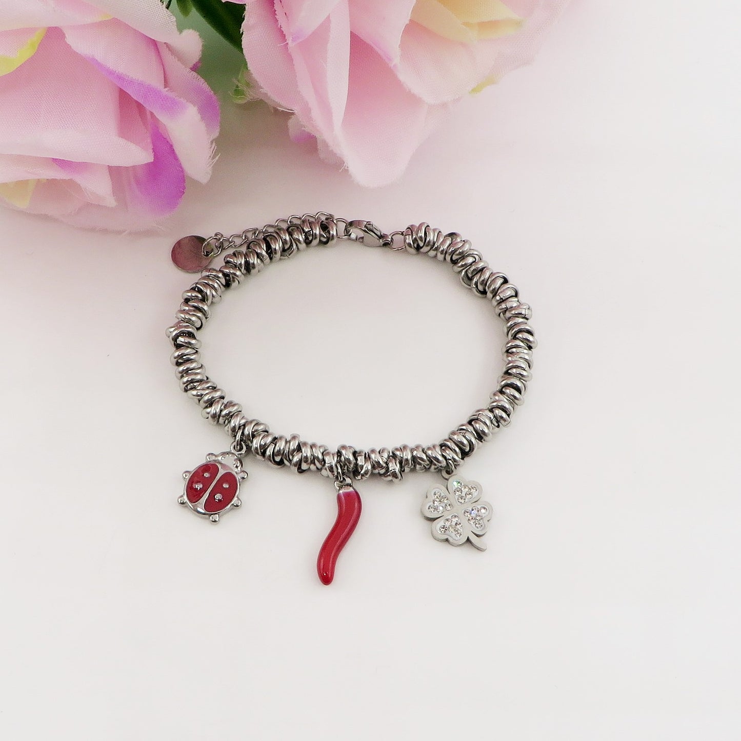LUCKINESS - Bracciale con ciondoli portafortuna e nodini ACCIAIO INOSSIDABILE