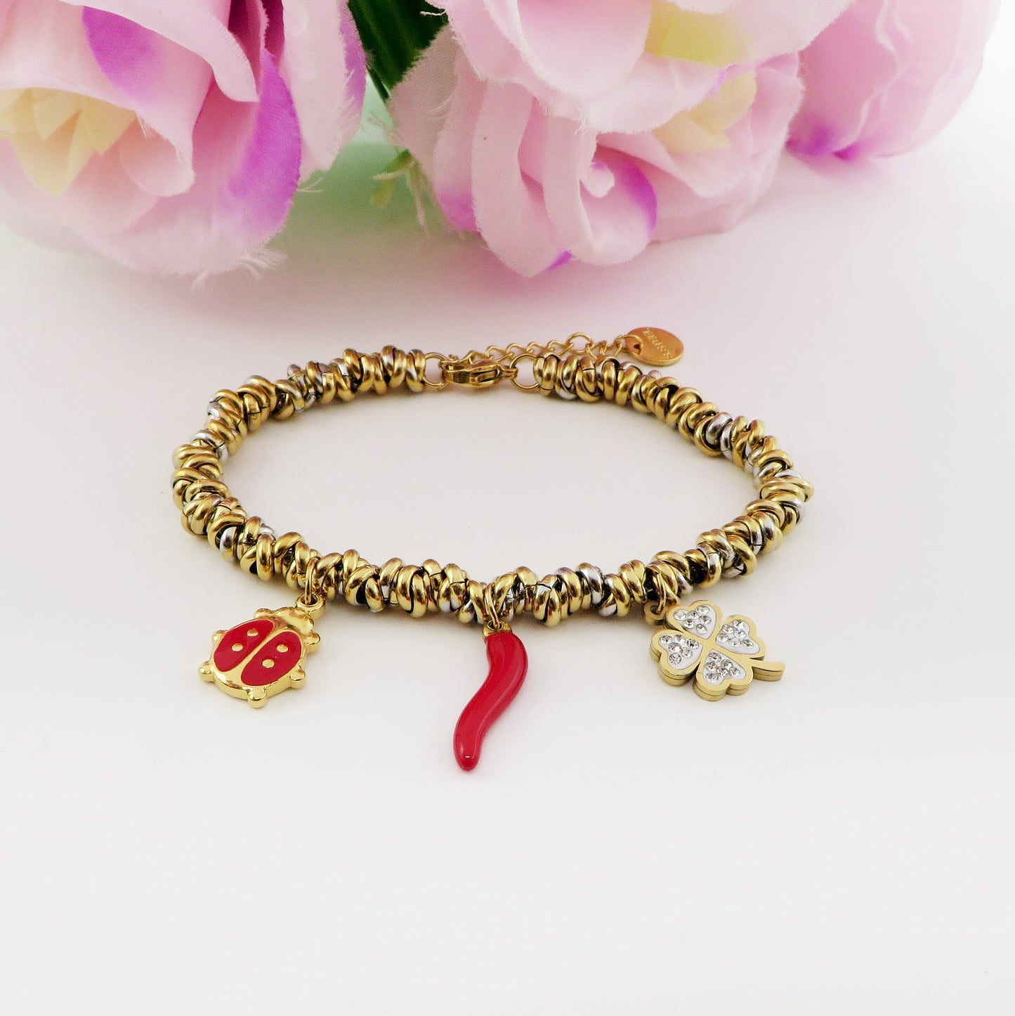 LUCKINESS - Bracciale con ciondoli portafortuna e nodini ACCIAIO INOSSIDABILE
