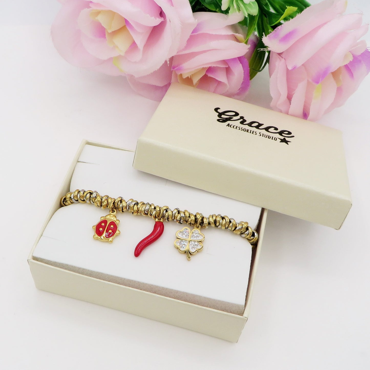 LUCKINESS - Bracciale con ciondoli portafortuna e nodini ACCIAIO INOSSIDABILE