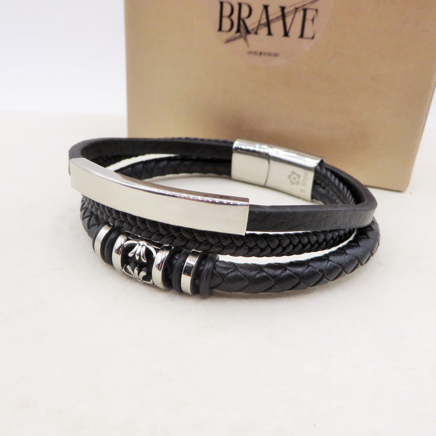 ODIN - BRACCIALE triplo uomo PELLE, CAUCCIU' E ACCIAIO con placca