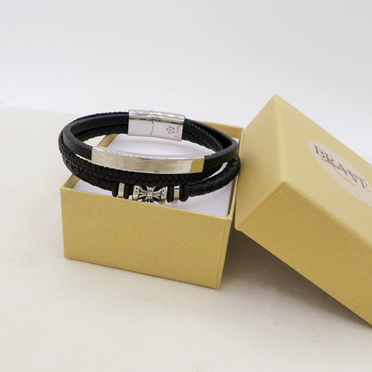 ODIN - BRACCIALE triplo uomo PELLE, CAUCCIU' E ACCIAIO con placca