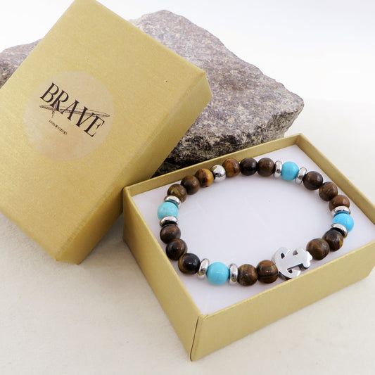 Bracciale RUNIR - TIGER EYE Naturale con ANCORA e turchese energia intensa e protettiva - UOMO