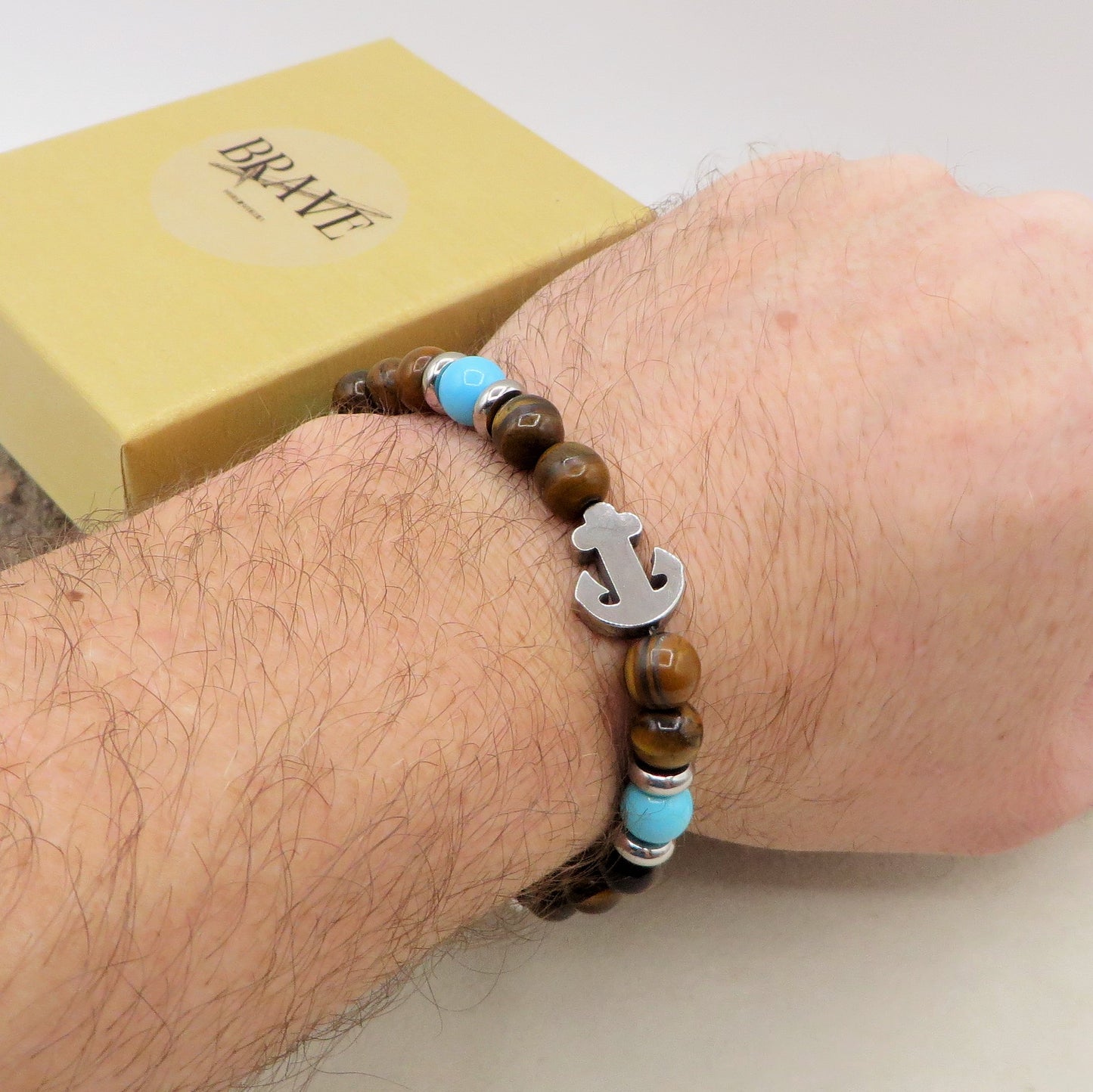 Bracciale RUNIR - TIGER EYE Naturale con ANCORA e turchese energia intensa e protettiva - UOMO