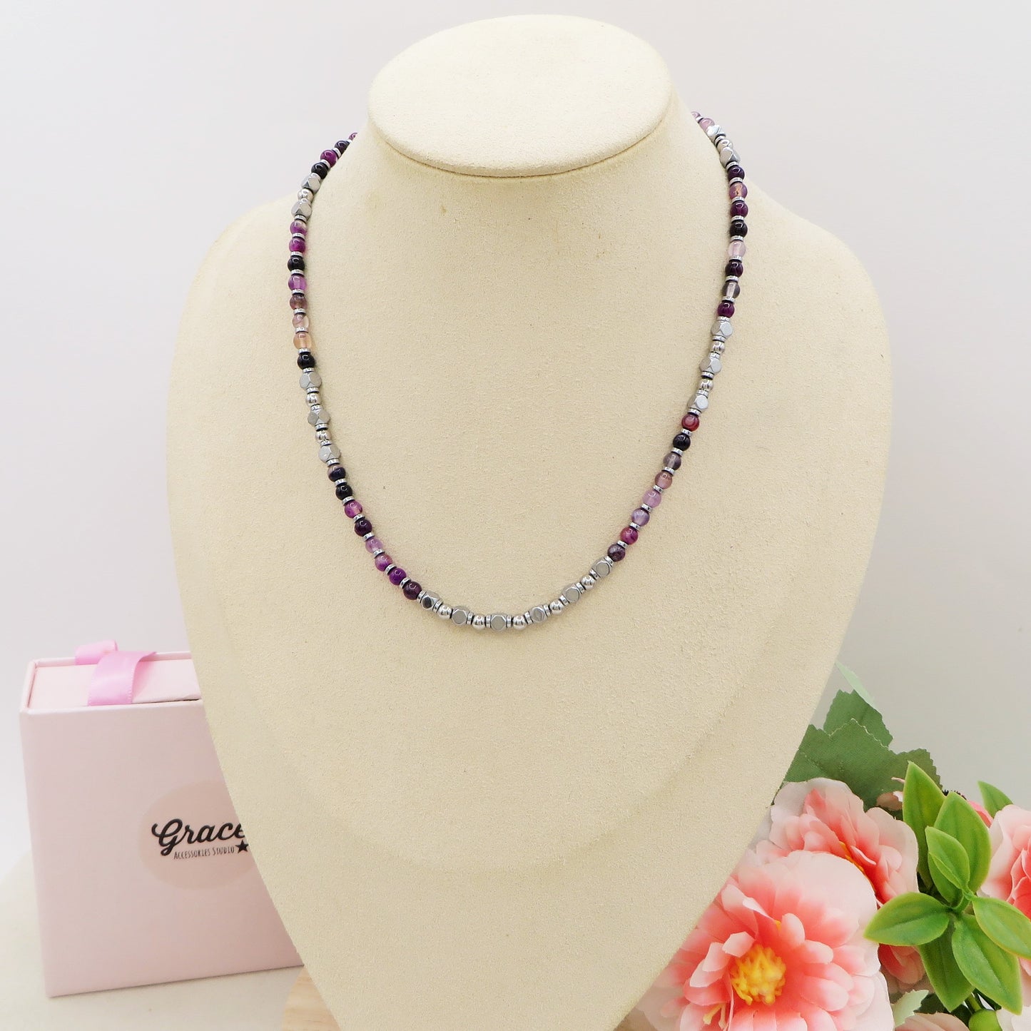 CUBETTI + AMETISTA ~ Collana in ACCIAIO INOSSIDABILE  e pietre naturali