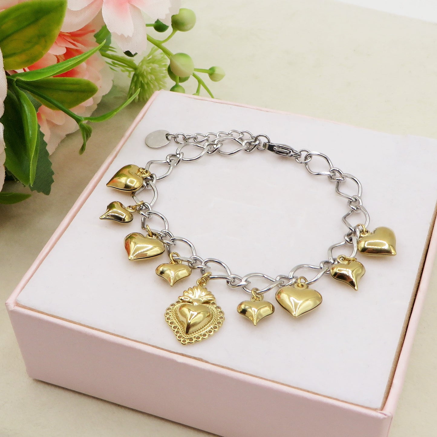 AURELIE SACRED ~ Bracciale ACCIAIO INOSSIDABILE con maxi cuore sacro e cuori bombe' chiama angeli