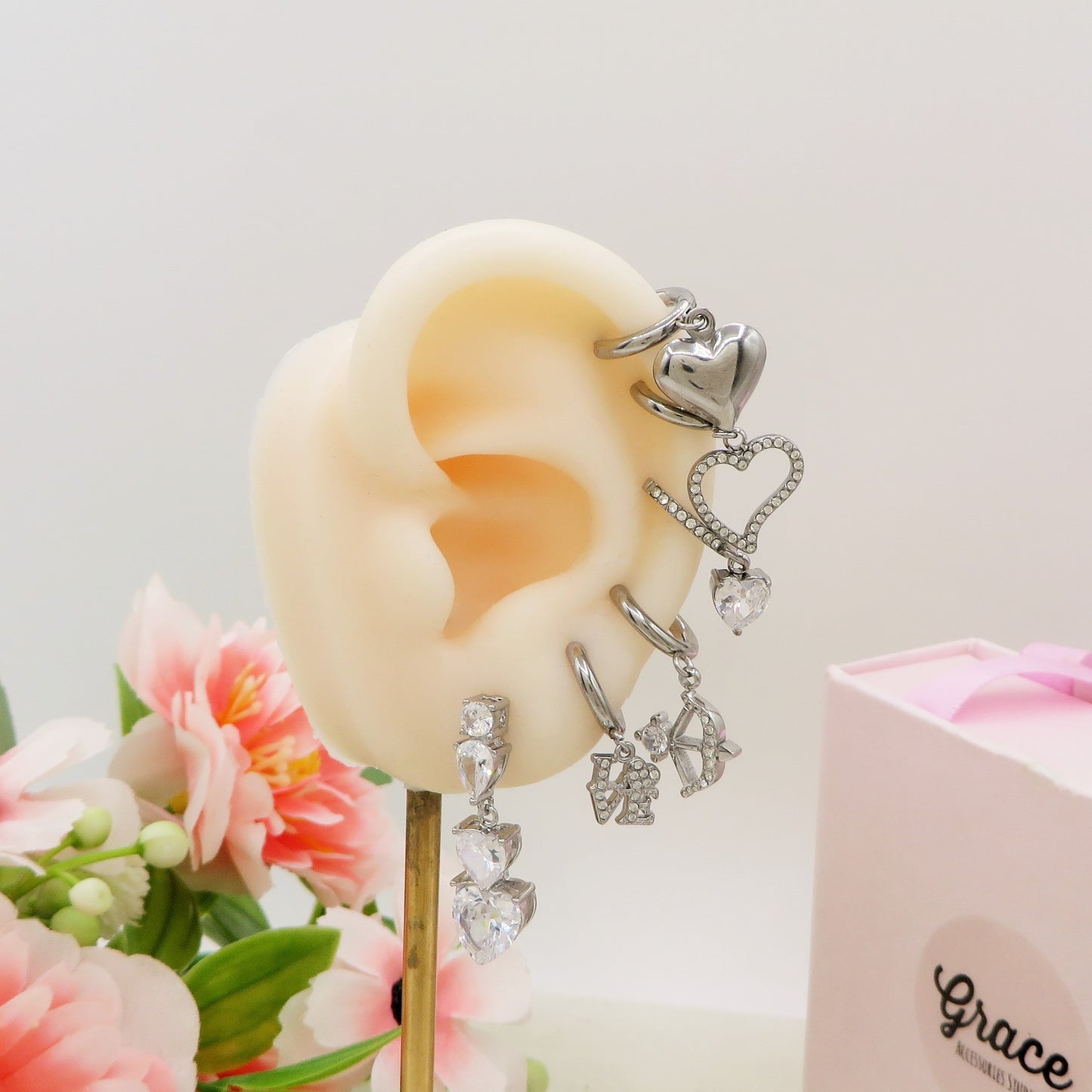 Cherie Crystal Set - ACCIAIO INOSSIDABILE - 6 Orecchini pendenti in cubic zirconia a forma di cuore