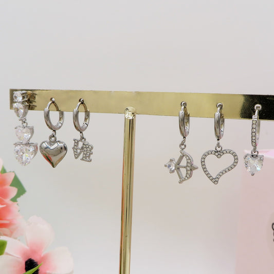 Cherie Crystal Set - ACCIAIO INOSSIDABILE - 6 Orecchini pendenti in cubic zirconia a forma di cuore