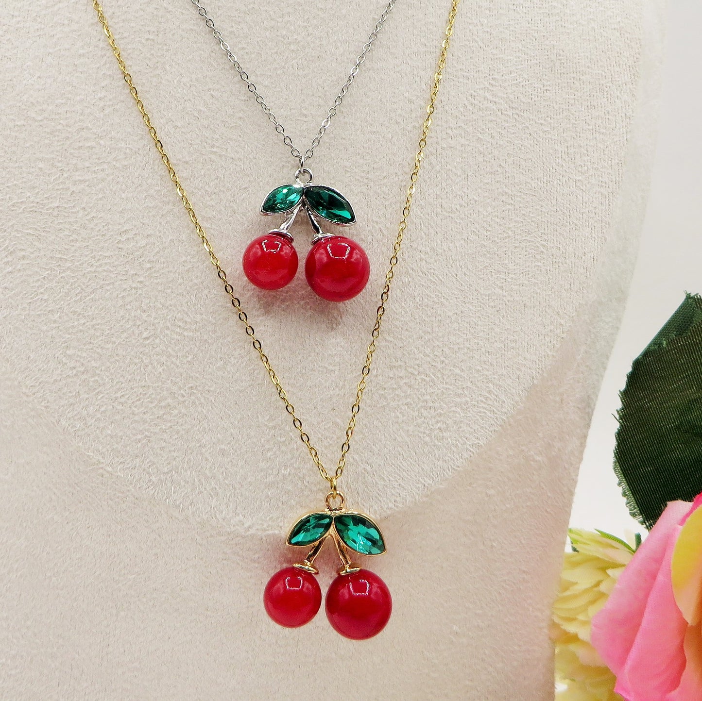 CHERRIES Pendente - ACCIAIO INOSSIDABILE - Collana pendente ciliegie zirconate
