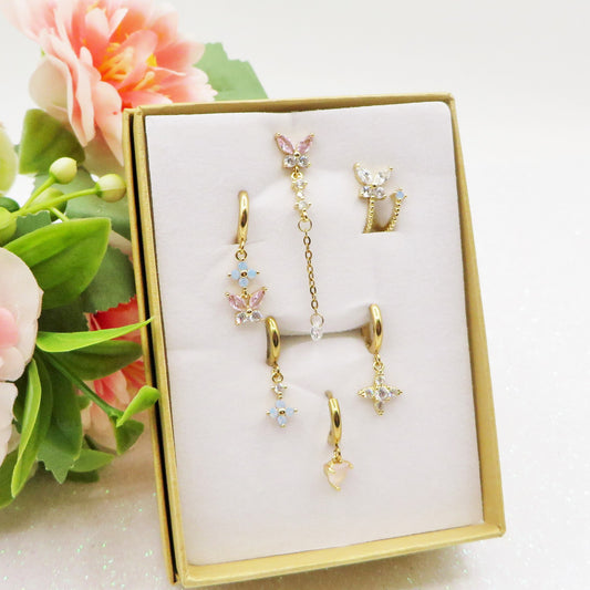 BUTTERFLY Set 6 orecchini PASTEL RAINBOW - ACCIAIO INOSSIDABILE - 6 Orecchini pendenti con cubic zirconia