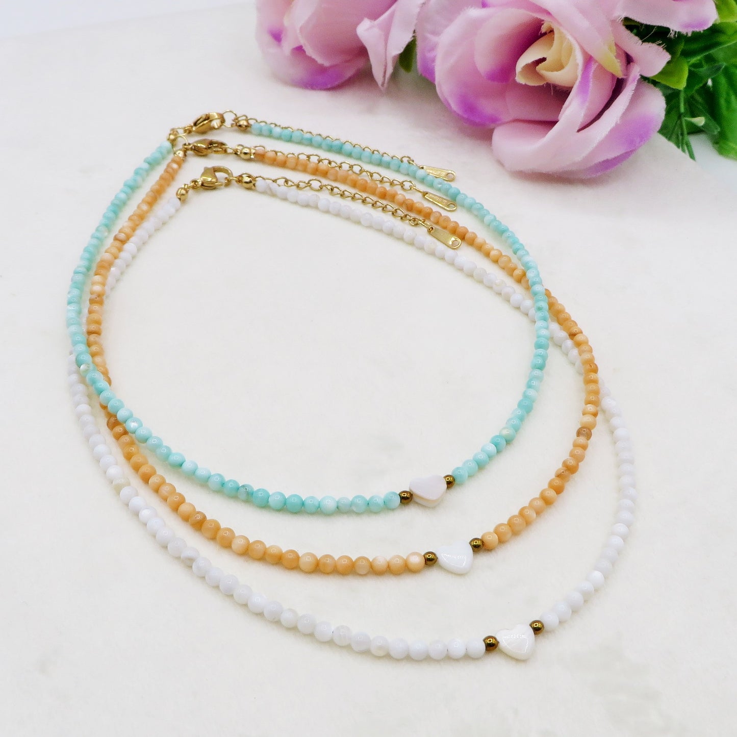 MARINA HEART - Collana perline Madreperla naturale cristallo e ACCIAIO inossidabile colori brillanti