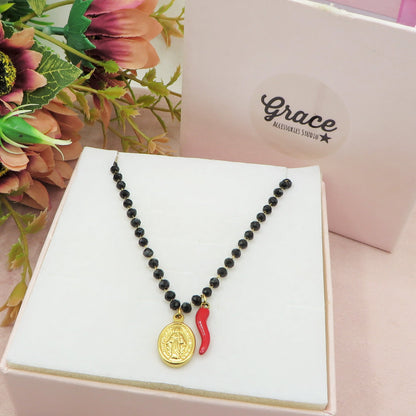 ROSARY + madonnina e cornetto ~ ACCIAIO INOSSIDABILE - Collana rosario in cristallo con cornetto rossi portafortuna e madonnina