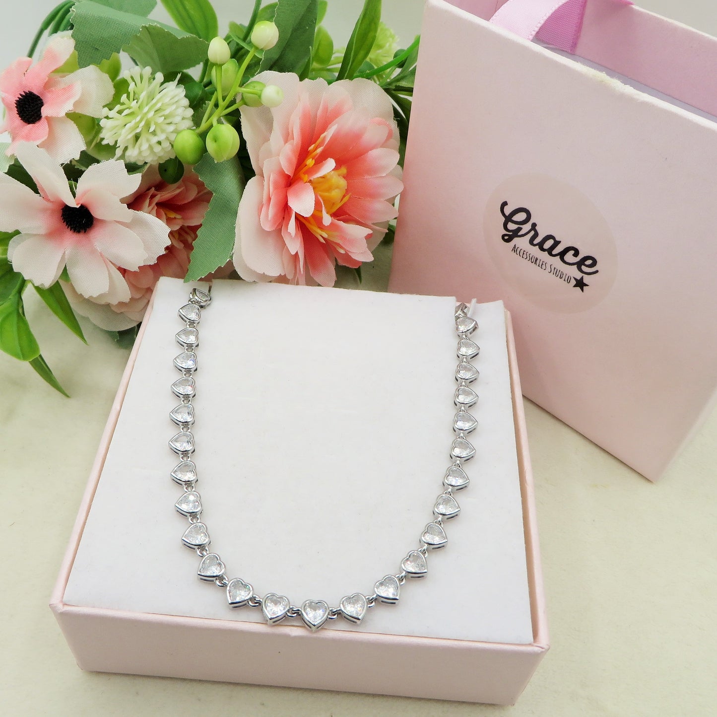 AYLA ~ ACCIAIO INOSSIDABILE -Collana tennis in cubic zirconia a forma di cuore