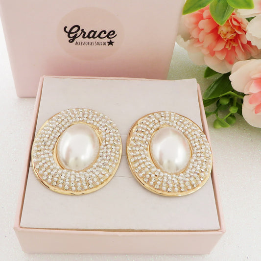 ELODIE - Orecchini bottone maxi perla ovale + Cubic Zirconia