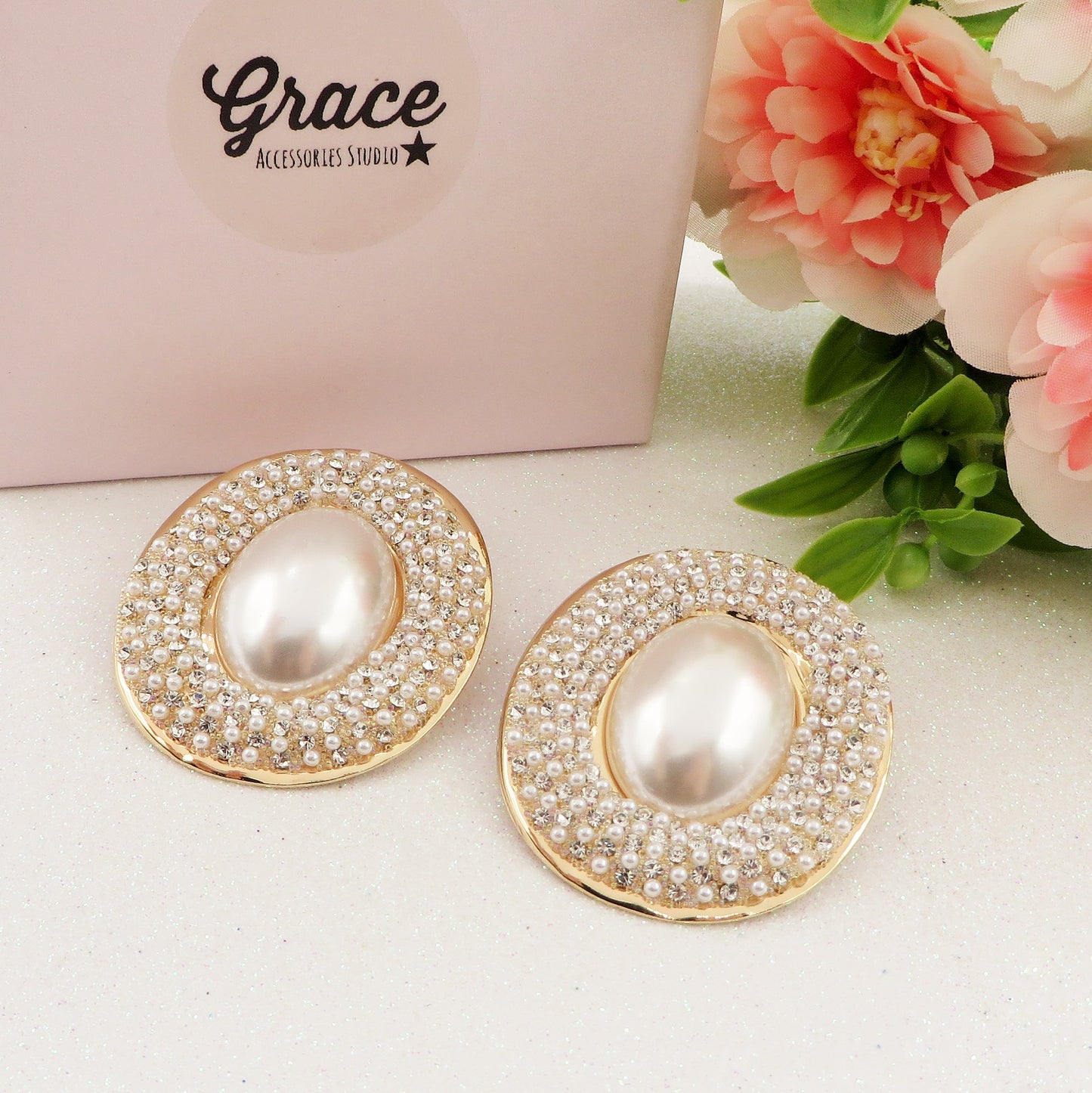 ELODIE - Orecchini bottone maxi perla ovale + Cubic Zirconia